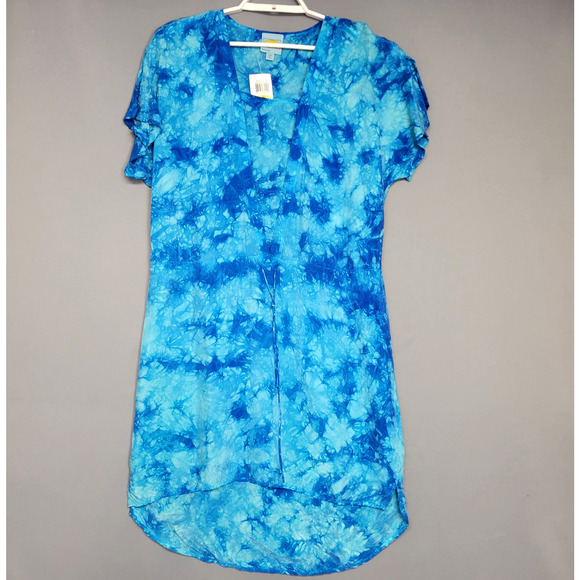 C&C California Cover Dress Womens M Blue Tye Dye Drawstring Short Sleeves New - Picture 1 of 14